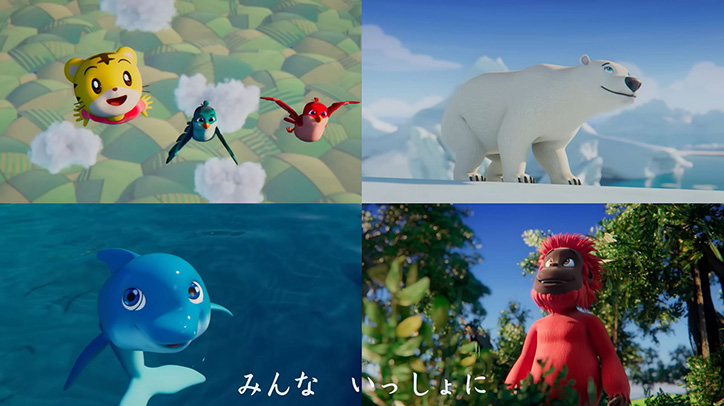 The image is divided into four sections, each Shimajiro, a dolphin, and a monkey.